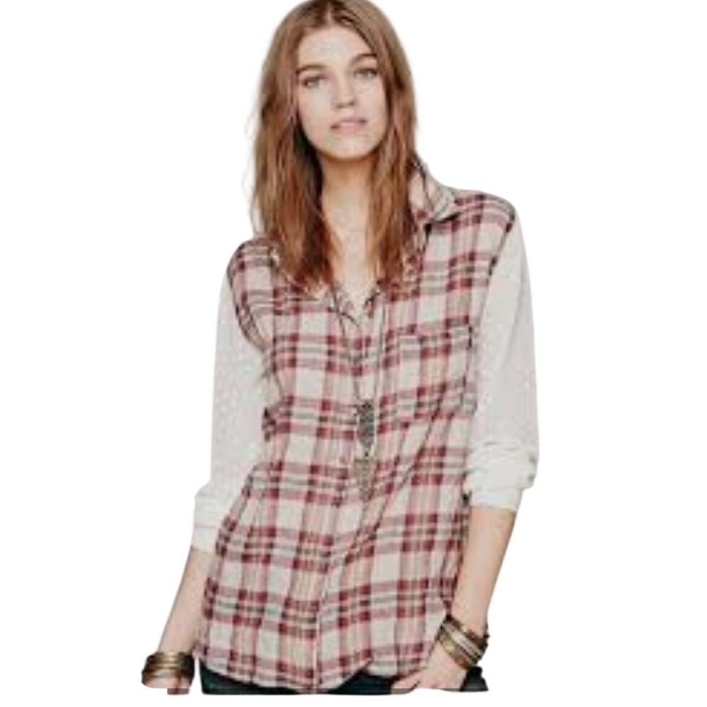 Free People Mixed Media Plaid Shirt Lace Back Swiss Dot Sleeves Red Cream M